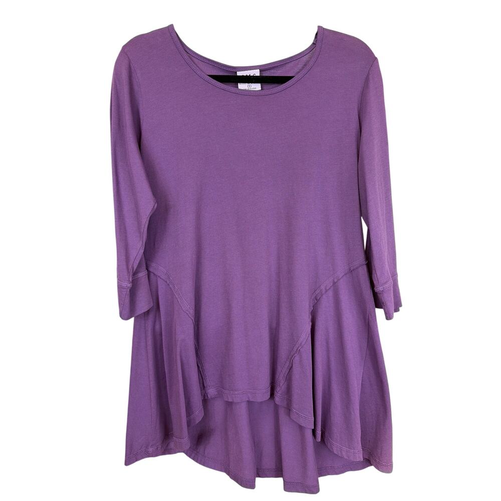CMC Purple 3/4 Sleeve Raw Edge High Low Swing Tunic Top Small